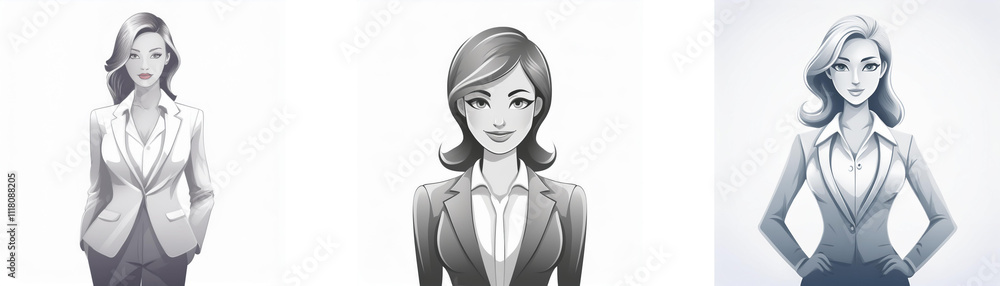 Three grayscale illustrations depict stylish women in business attire, exuding professionalism and confidence. Their elegant suits and poised postures convey strength and sophistication. Three grayscale illustrations depict stylish women in business attire, exuding professionalism and confidence. Their elegant suits and poised postures convey strength and sophistication.