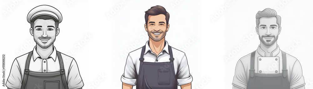 Three illustrations depict male figures, one in color and two in grayscale, all wearing aprons, suggesting culinary or service professions. A cap is worn by one. Three illustrations depict male figures, one in color and two in grayscale, all wearing aprons, suggesting culinary or service professions. A cap is worn by one.