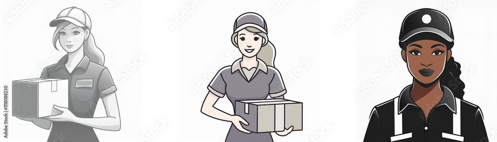 Three diverse women in delivery uniforms hold packages. They represent a delivery service's commitment to inclusivity. Three diverse women in delivery uniforms hold packages. They represent a delivery service's commitment to inclusivity.