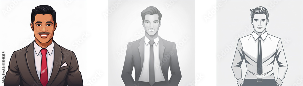 Three illustrated portraits of men in business attire. One is in color, two are grayscale. They offer diverse representations. Three illustrated portraits of men in business attire. One is in color, two are grayscale. They offer diverse representations.