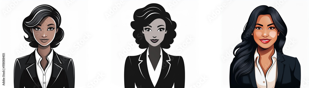 Three stylized portraits of women in business suits, showcasing diverse hairstyles and complexions. Three stylized portraits of women in business suits, showcasing diverse hairstyles and complexions.