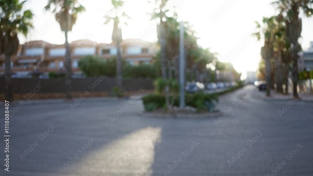 Naklejka premium Blurred outdoor street scene featuring palm trees and residential buildings with sunlight creating a defocused, bokeh effect