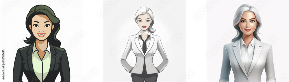 Three illustrated women in business suits; one with dark hair, two with light hair. They exude professionalism and confidence. Three illustrated women in business suits; one with dark hair, two with light hair. They exude professionalism and confidence.