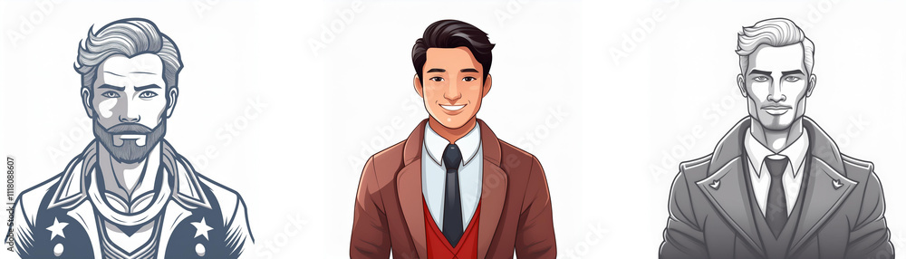Three stylized male portraits: a bearded man in casual wear, a man in a suit, and a man in a coat. Each displays unique fashion and personality. Three stylized male portraits: a bearded man in casual wear, a man in a suit, and a man in a coat. Each displays unique fashion and personality.