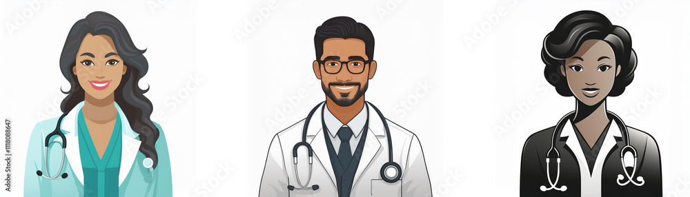 Fototapeta premium Three diverse doctors, a woman in teal scrubs, a man in a white coat, and a woman in black, are depicted, each wearing a stethoscope. They represent medical professionals.