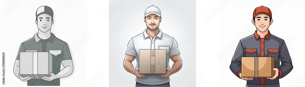 Three delivery men in different uniforms hold packages. They represent diverse courier services. Three delivery men in different uniforms hold packages. They represent diverse courier services.
