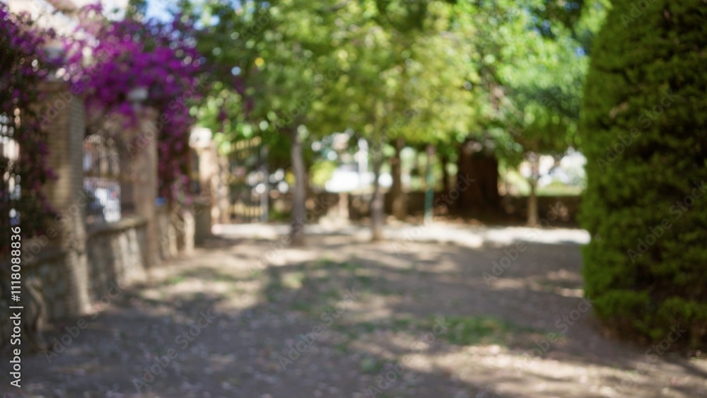 Defocused view of a serene outdoor area with blurred flowers and trees creating a tranquil ambiance in a sunlit garden Defocused view of a serene outdoor area with blurred flowers and trees creating a tranquil ambiance in a sunlit garden
