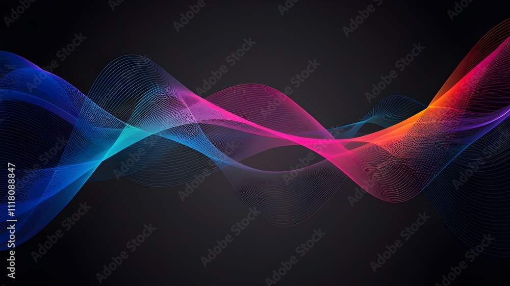Naklejka premium colorful neon vector lines with a wavy pattern background is dark blue