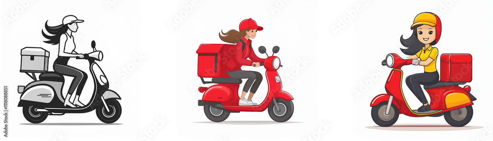 Three illustrations depict female delivery drivers on scooters, showcasing diverse styles and delivery boxes. One is monochrome, two are in color. Three illustrations depict female delivery drivers on scooters, showcasing diverse styles and delivery boxes. One is monochrome, two are in color.