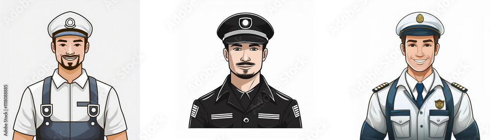 Three male cartoon characters in different uniforms: a mechanic, a police officer, and a security guard. Each has a unique hat. Three male cartoon characters in different uniforms: a mechanic, a police officer, and a security guard. Each has a unique hat.