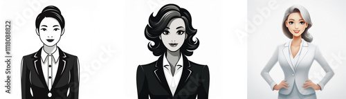 Three stylized female avatars in business attire; one grayscale, one with dark hair, and one light-haired.