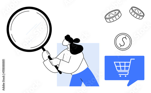 Female character holding a magnifying glass, examining something closely, with coins floating above and a shopping cart icon. Ideal for finance, e-commerce, research, investment, shopping analysis