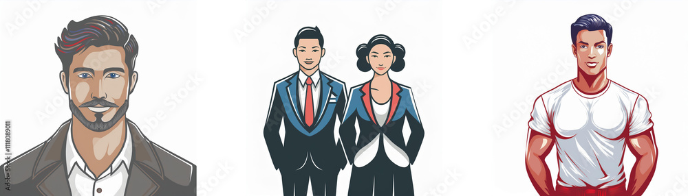 Three stylized illustrations: a man in a suit, a business couple, and a muscular man in a simple shirt. Diverse professions and styles are depicted. Three stylized illustrations: a man in a suit, a business couple, and a muscular man in a simple shirt. Diverse professions and styles are depicted.