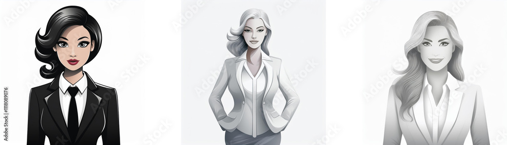 Three stylized portraits of women in business attire; one in black and white, and two in varying shades of gray. The artwork showcases elegant, professional style. Three stylized portraits of women in business attire; one in black and white, and two in varying shades of gray. The artwork showcases elegant, professional style.