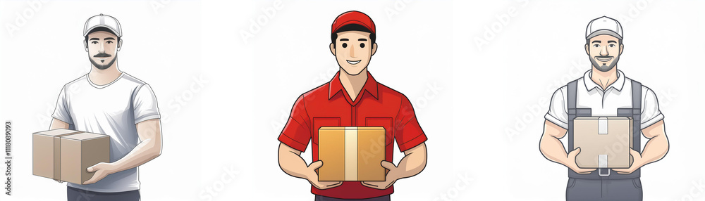 Three delivery workers, each in different uniforms, hold packages.  They represent diverse delivery services.