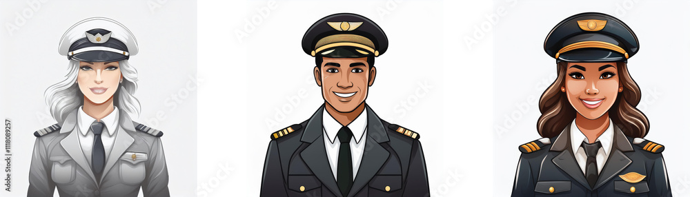 Three pilots in uniform, two women and one man, are shown in profile view. The women have different hair colors and styles. Three pilots in uniform, two women and one man, are shown in profile view. The women have different hair colors and styles.