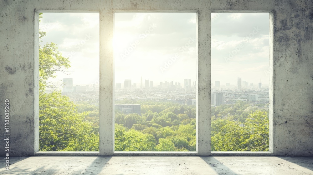 Concrete Room with Triple Window View of Cityscape and Greenery, Cityscape, Nature Urban Greenery, Concrete Architecture Concrete Room with Triple Window View of Cityscape and Greenery, Cityscape, Nature Urban Greenery, Concrete Architecture