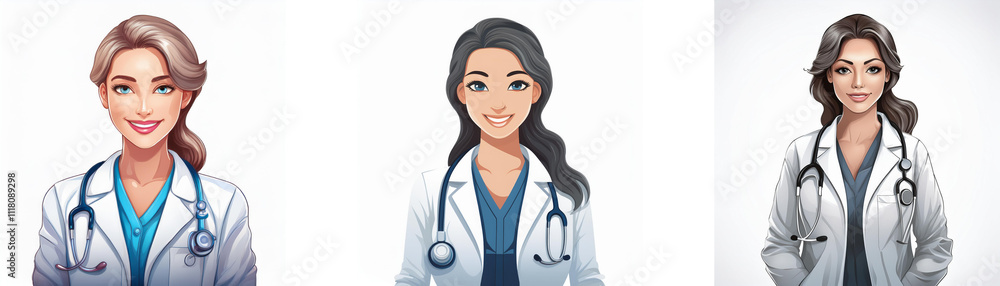 Three female doctors are depicted, each with different hair colors and styles, smiling and wearing white coats with stethoscopes. Three female doctors are depicted, each with different hair colors and styles, smiling and wearing white coats with stethoscopes.