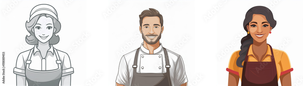 Three diverse individuals, smiling, wearing different style aprons and uniforms, possibly representing a restaurant staff. Three diverse individuals, smiling, wearing different style aprons and uniforms, possibly representing a restaurant staff.