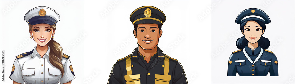 Three diverse police officers in uniform; a woman in white, a man in dark blue, and a woman in navy blue. They represent a variety of ethnicities and genders. Three diverse police officers in uniform; a woman in white, a man in dark blue, and a woman in navy blue. They represent a variety of ethnicities and genders.