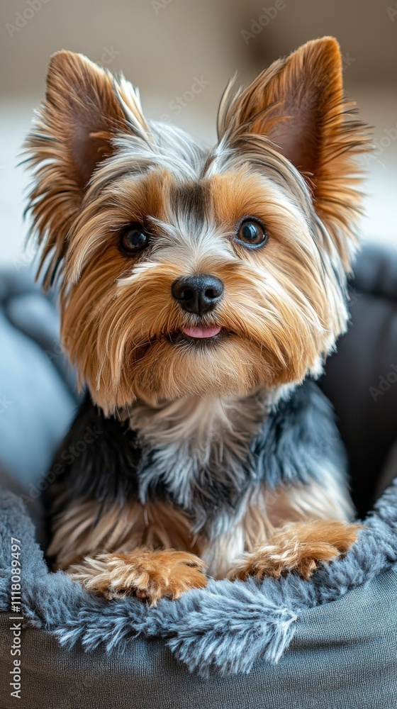 Cute yorkshire terrier relaxes in cozy pet bed indoors Cute yorkshire terrier relaxes in cozy pet bed indoors