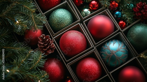 Cinematic photograph of red and green Christmas baubles in boxes, on a table, flat lay, top view,  photo