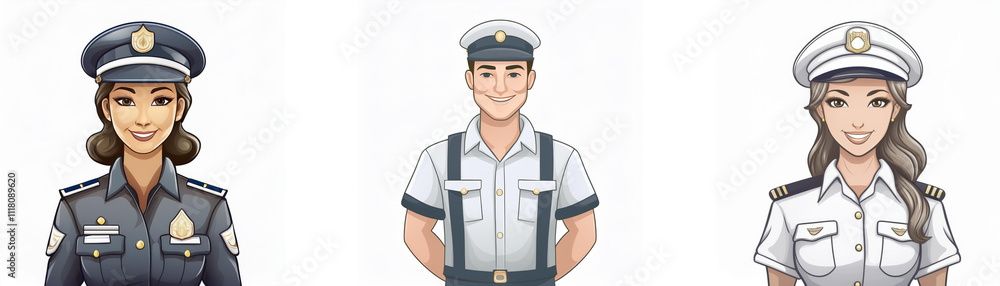 Three diverse uniformed officers, two women and one man, smiling confidently. Portraits showcase various ranks and styles of official attire. Three diverse uniformed officers, two women and one man, smiling confidently. Portraits showcase various ranks and styles of official attire.