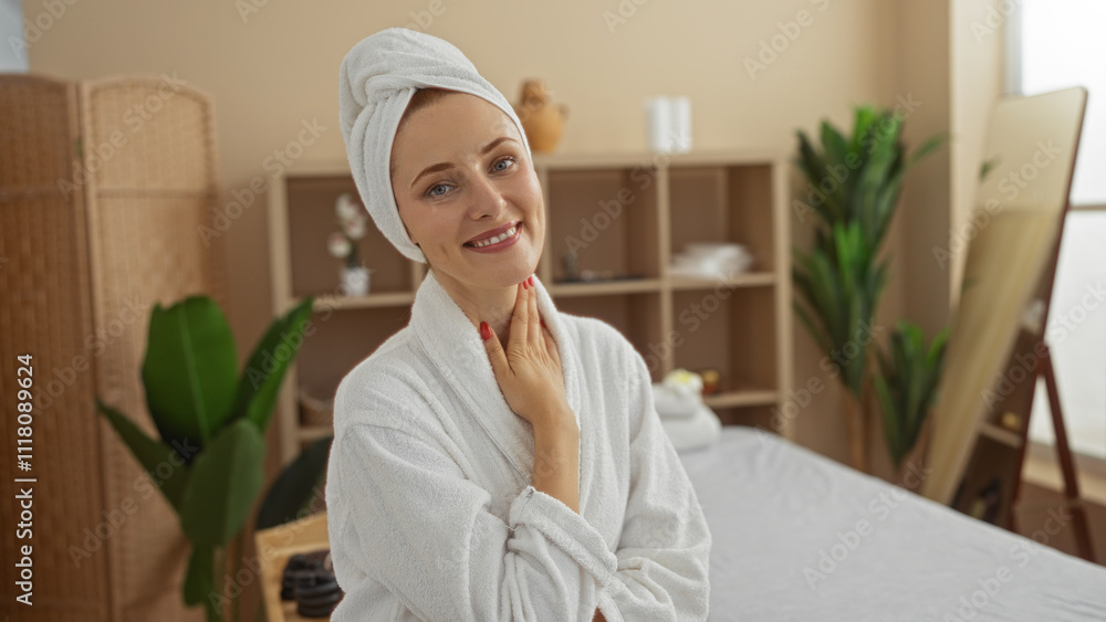 Woman relaxing in a spa wearing a white robe and towel on her head, smiling while sitting in a serene beauty center with indoor plants and modern interior decor. Woman relaxing in a spa wearing a white robe and towel on her head, smiling while sitting in a serene beauty center with indoor plants and modern interior decor.