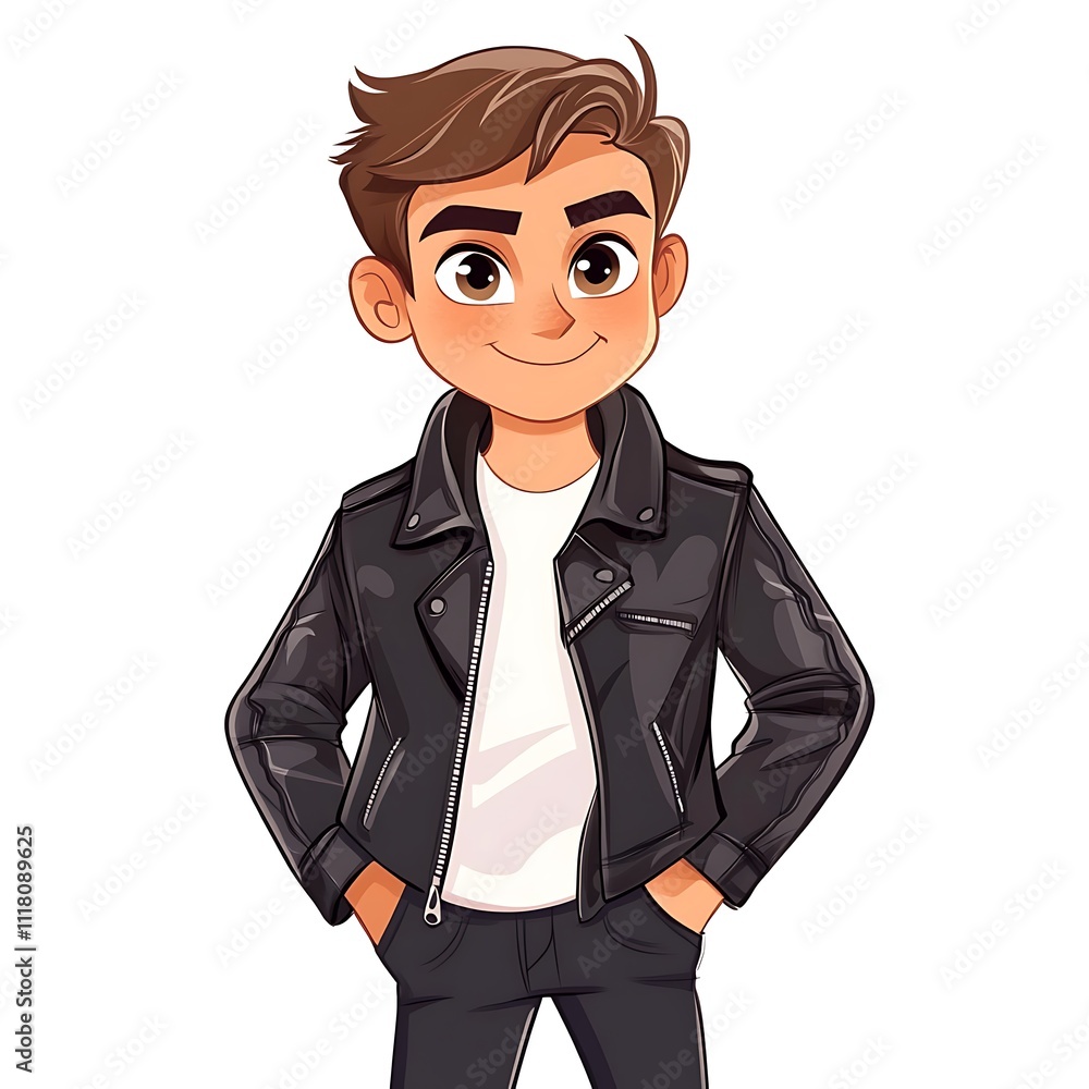 Cartoon teenage boy in a fitted leather jacket on a white background. Cartoon teenage boy in a fitted leather jacket on a white background.