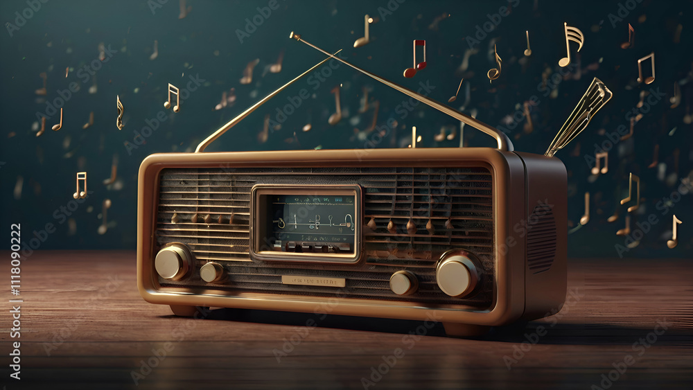 Fototapeta premium Retro radio vintage music notes wave key Melo Vintage analog portable red radio illustration green background,
