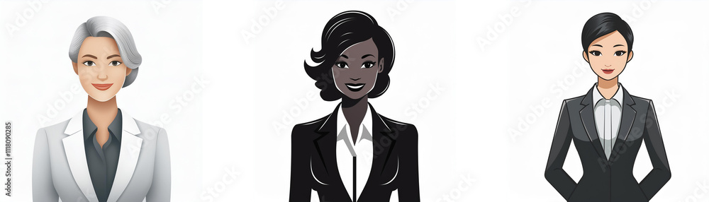 Three women in business suits, diverse in age and ethnicity, project professionalism and success. Three women in business suits, diverse in age and ethnicity, project professionalism and success.