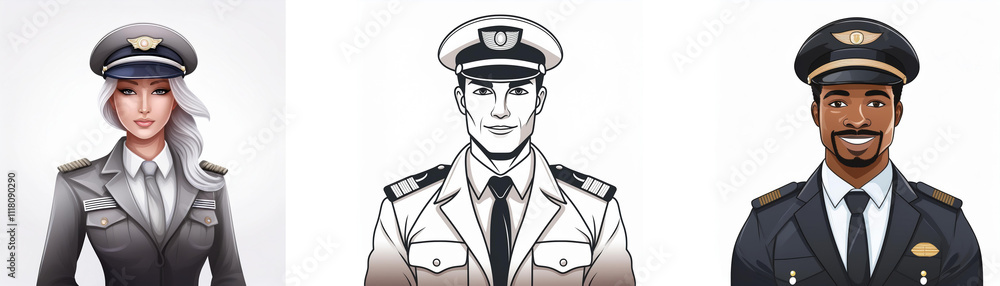 Three illustrated portraits depict pilots in uniform; a female, a male in grayscale, and a male with darker skin. The images showcase diverse representation within the aviation profession. Three illustrated portraits depict pilots in uniform; a female, a male in grayscale, and a male with darker skin. The images showcase diverse representation within the aviation profession.