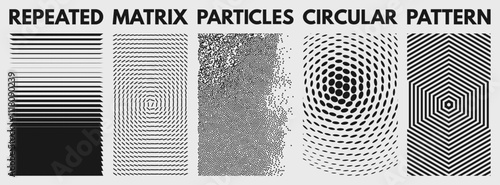 Black and white image of rectangular flat shapes with transition effect. Dynamic gradient pattern. Background of chaotic  dots. Striped backdrop of many stripes in the shape of a hexagon. Vector.