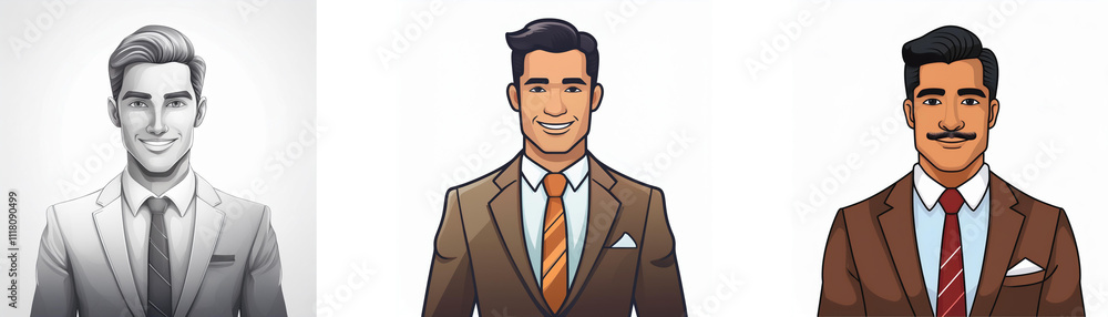 Three stylized portraits of men in suits; one grayscale, two in color. Different hairstyles and ethnicities are depicted. Three stylized portraits of men in suits; one grayscale, two in color. Different hairstyles and ethnicities are depicted.
