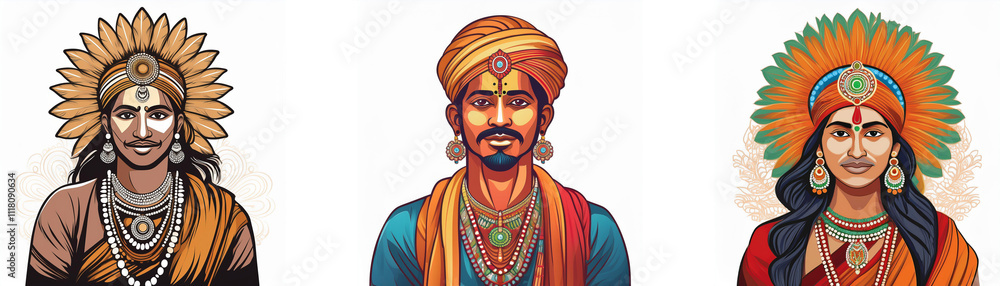 Three stylized portraits depict individuals in vibrant, ornate attire, showcasing diverse cultural headwear and jewelry. The artwork's rich colors and detailed designs are captivating. Three stylized portraits depict individuals in vibrant, ornate attire, showcasing diverse cultural headwear and jewelry. The artwork's rich colors and detailed designs are captivating.