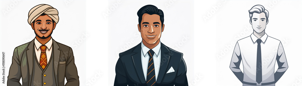 Three diverse male portraits: one in traditional attire, one in a business suit, and one in a grayscale business shirt. The illustrations showcase varied cultural and professional styles. Three diverse male portraits: one in traditional attire, one in a business suit, and one in a grayscale business shirt. The illustrations showcase varied cultural and professional styles.