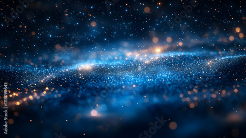 Bokeh lights with Reyes Magos and shimmering stars with copy space concept as Cinematic camera sweep across a bokeh lit background featuring Reyes Magos amidst shimmering stars symbolizing magic and e