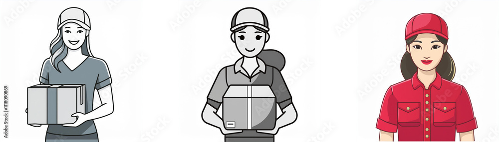 Three illustrations of delivery people, one grayscale and two in color, holding packages. They wear caps and short-sleeved shirts. Three illustrations of delivery people, one grayscale and two in color, holding packages. They wear caps and short-sleeved shirts.