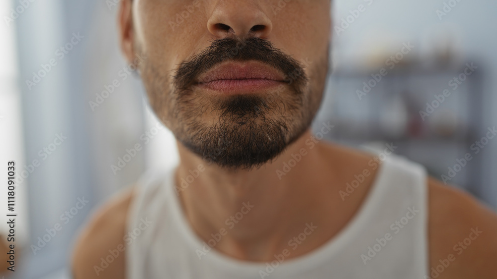 Young hispanic man with a beard indoors at a spa or beauty center showcasing a handsome look in a wellness room. Young hispanic man with a beard indoors at a spa or beauty center showcasing a handsome look in a wellness room.
