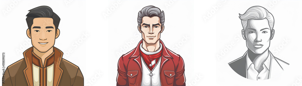 Three stylized male portraits: one in brown jacket, one in red jacket, and one in grayscale suit. Each has unique hair and expression. Three stylized male portraits: one in brown jacket, one in red jacket, and one in grayscale suit. Each has unique hair and expression.