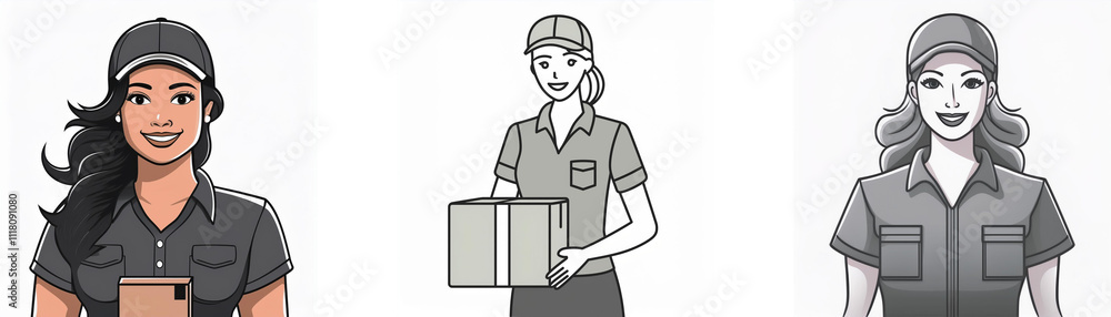 Three female delivery workers in uniform. One holds a package, another uses a device, and the third is shown in a profile view. Three female delivery workers in uniform. One holds a package, another uses a device, and the third is shown in a profile view.