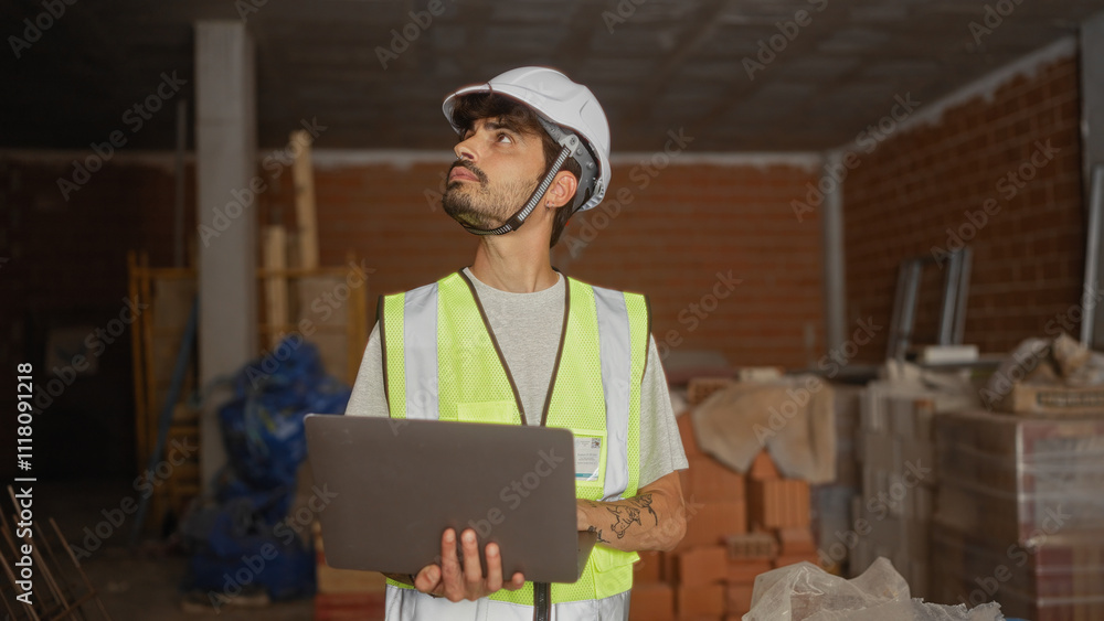 Young hispanic man with beard wearing safety vest and hard hat holding laptop at construction site Young hispanic man with beard wearing safety vest and hard hat holding laptop at construction site