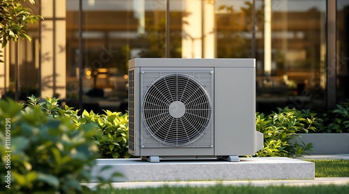 Obraz na płótnie Air Source Heat Pump Installation Representing Clean Energy for Home w salonie