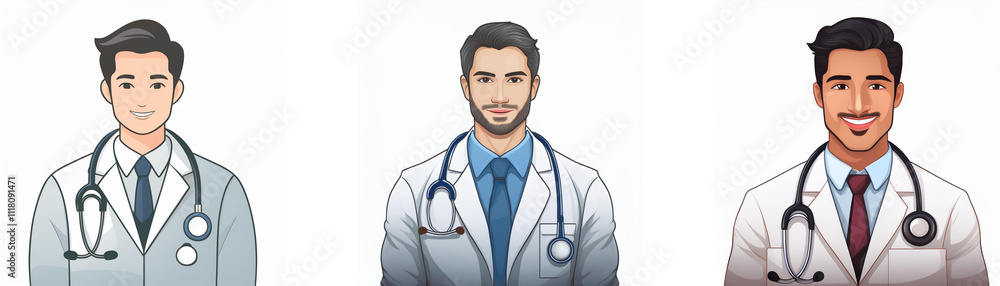 Three illustrations depict doctors in white coats, each with a stethoscope. They have different hairstyles and complexions, suggesting diversity. Three illustrations depict doctors in white coats, each with a stethoscope. They have different hairstyles and complexions, suggesting diversity.