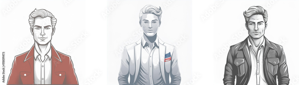 Three stylized illustrations of men with different hairstyles and outfits. One wears a red blazer, another a light gray suit, and the third a leather jacket. Three stylized illustrations of men with different hairstyles and outfits. One wears a red blazer, another a light gray suit, and the third a leather jacket.