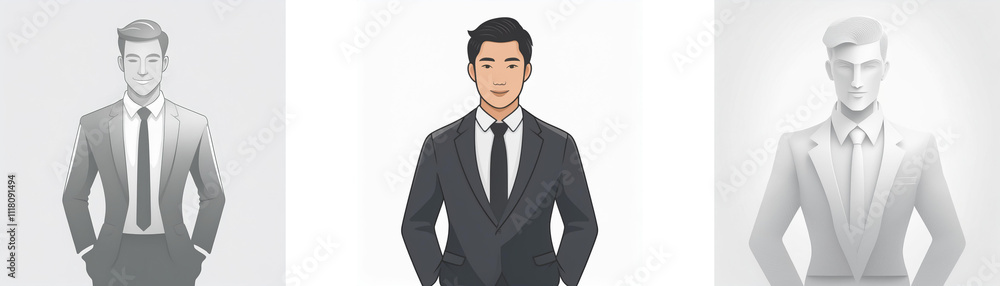 Three illustrated men in suits; one in color, two in grayscale. A comparison of style and presentation. Three illustrated men in suits; one in color, two in grayscale. A comparison of style and presentation.