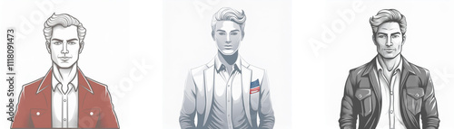 Three stylized illustrations of men with different hairstyles and outfits. One wears a red blazer, another a light gray suit, and the third a leather jacket.