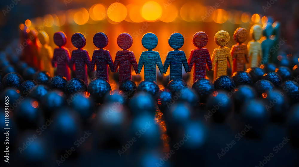 Obraz premium Bokeh Team Building concept as Bokeh digital art background featuring blurred lights and team building elements symbolizing unity and collaboration ideal for banners with copy space. in Photo Stock 