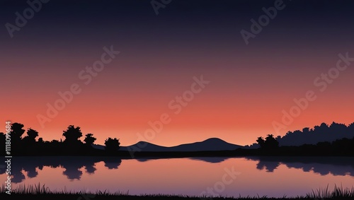 A dark silhouette landscape of a lake, trees, and mountains at sunset