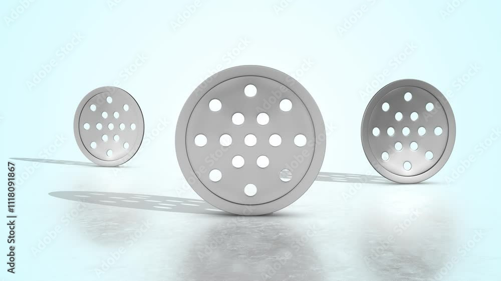 Stainless Steel Sink Strainers on a Reflective Floor. Bathroom Sink 3D. 4K Stainless Steel Sink Strainers on a Reflective Floor. Bathroom Sink 3D. 4K